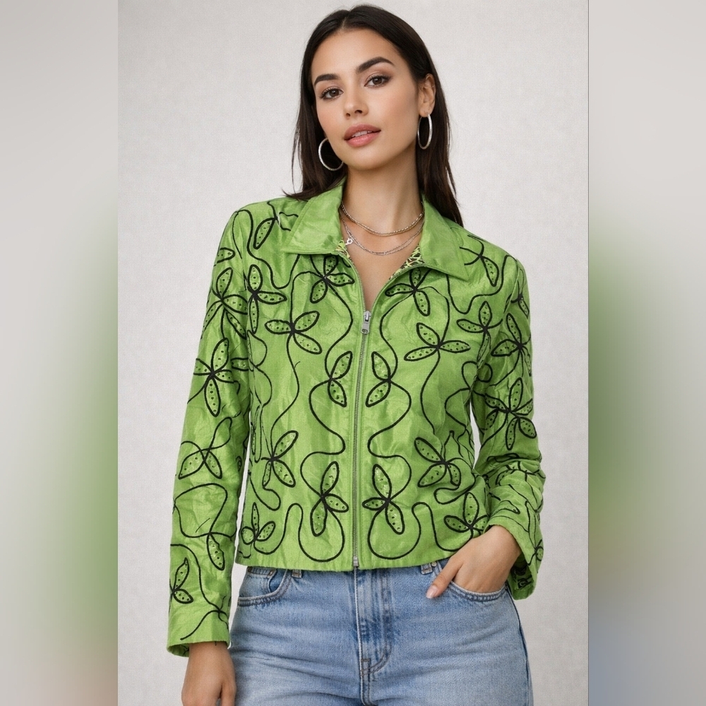 Y2K Vintage Statement Piece Silk Embroidered Beaded Jacket – Leopard LinedSz L